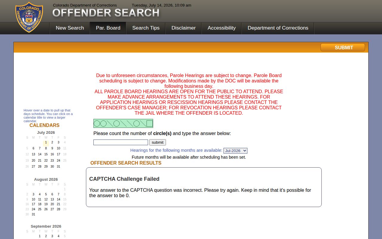 Colorado parole-board calendar for Huerfano County post-prison release records