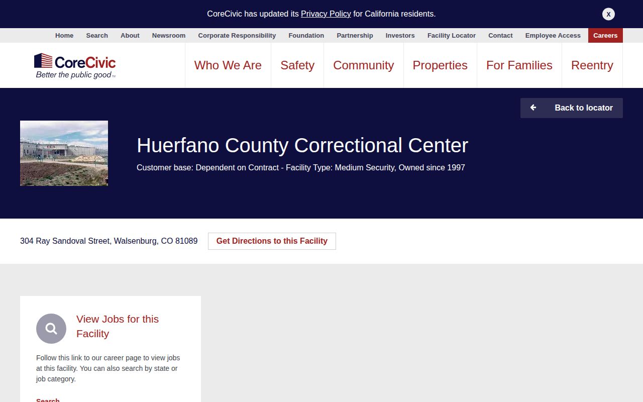 Huerfano County Correctional Center release source CoreCivic page