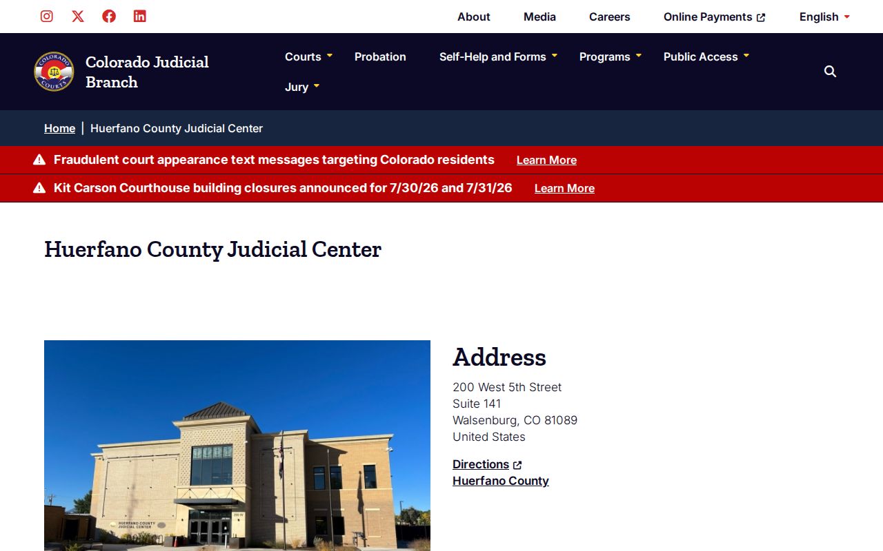 Huerfano County Judicial Center release record and court contact source